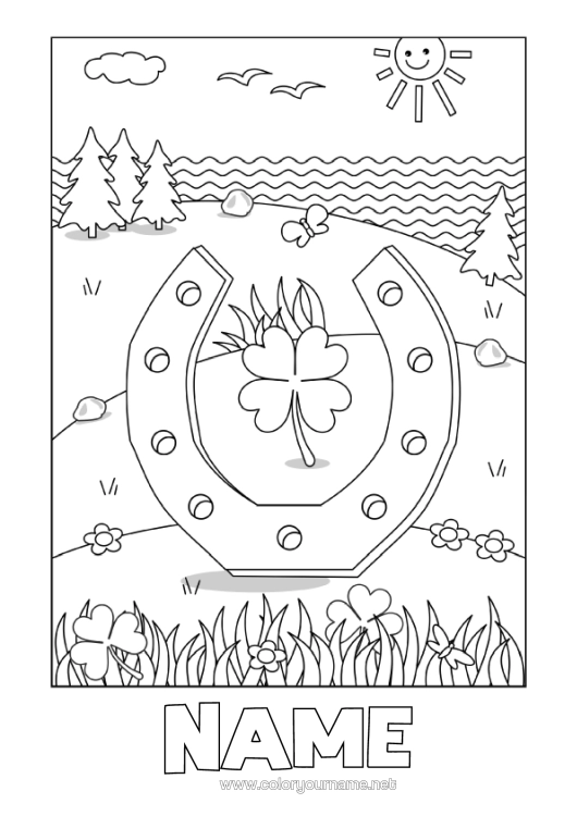 Colouring page to print Sun Fortune Clover Ireland Horseshoe St Patrick's Day