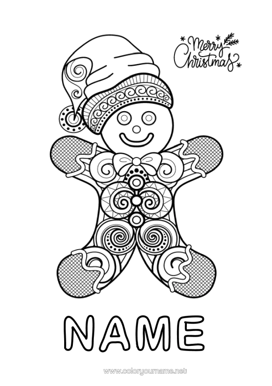 Colouring page to print Christmas Gingerbread Zentangle "Merry Christmas" Message