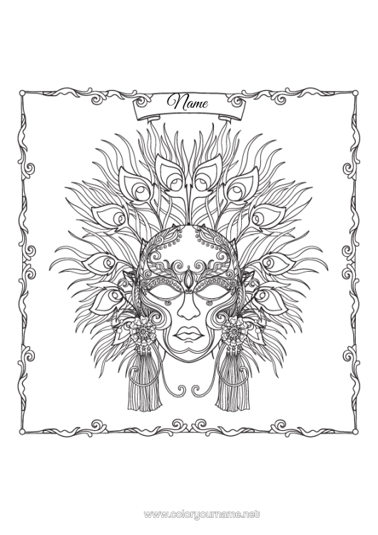 Colouring page to print Mask Carnival Peacock Complex Colouring Pages Birds And Flying Mammals