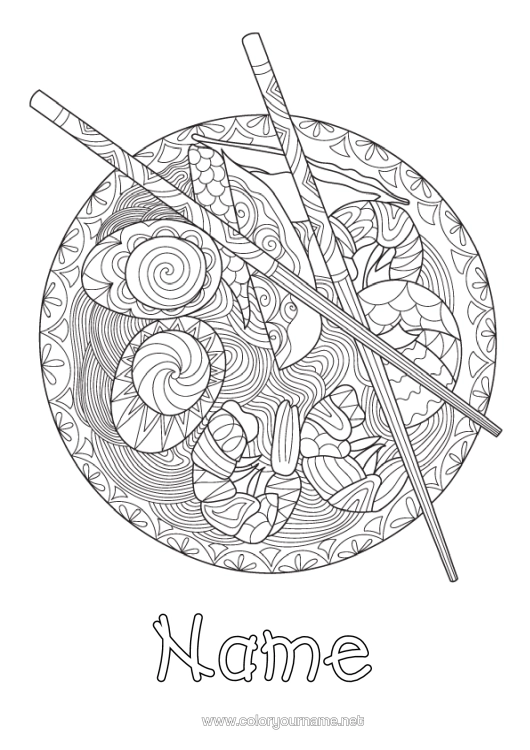 Colouring page to print Food Japan Zentangle Egg Ramen