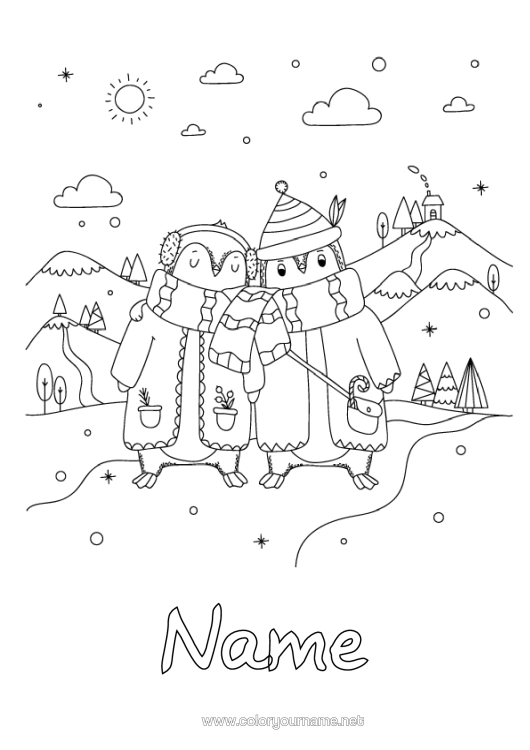 Colouring page to print Snow Winter Penguin, Tuxedo Animal Birds And Flying Mammals Scarf