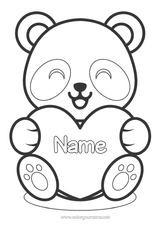 Colouring page to print Cute Heart Cute I Love You. Animal Panda Big Heart Easy Colouring Pages Other Animals Of The World