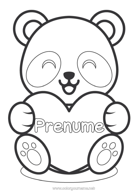 Pagină de colorat de imprimat Drăguț Inimă Drăguț Te iubesc. Animal Panda Inimă mare Desene de colorat ușoare Alte animale din lume