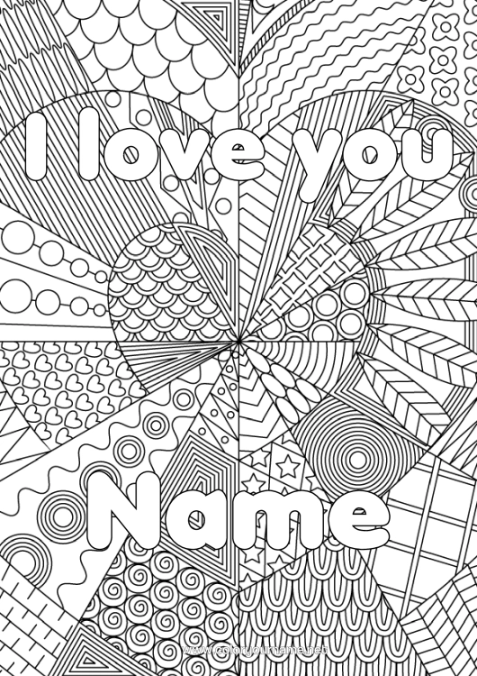 Colouring page to print Heart I Love You. Sister Friend, Friend (Female) Nanny Complex Colouring Pages Zentangle