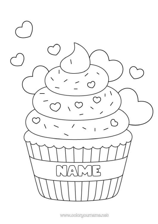 Colouring page to print Cake Heart I Love You. Food Treats, Sweets Fairy Cake