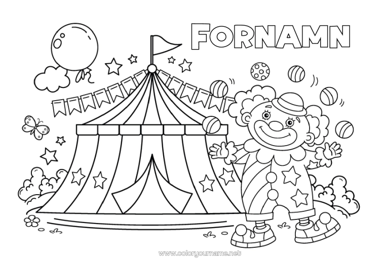 Färgläggningssida att skriva ut Clown Cirkus Tält
