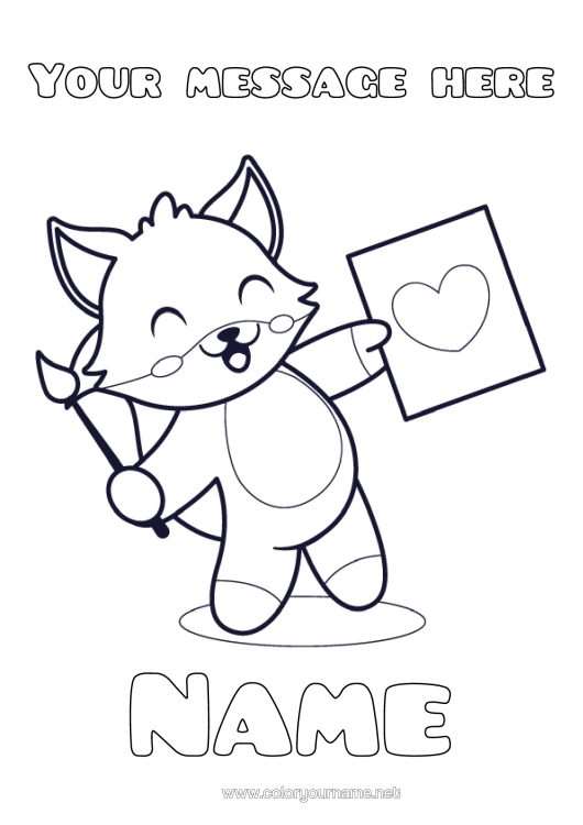 Colouring page to print Cute Heart Art Fox Animal Brush Forest Animals