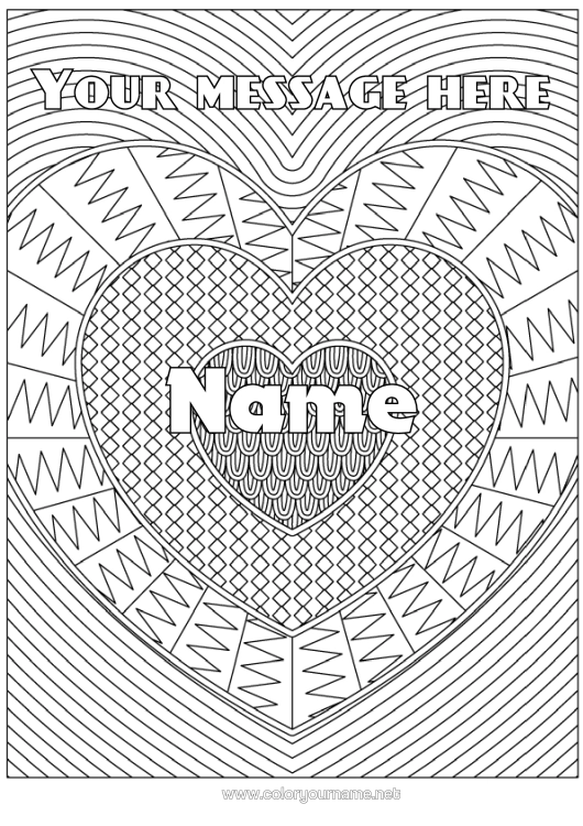 Colouring page to print Heart I Love You. Decorated Name Complex Colouring Pages Zentangle Decorative Background
