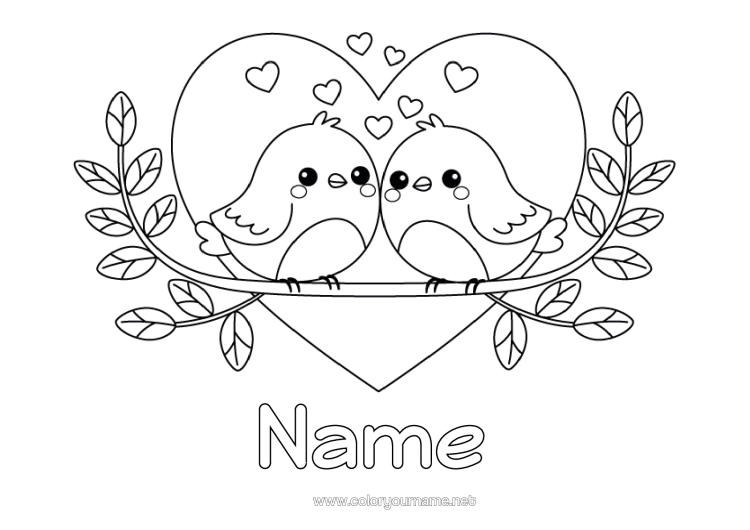 Colouring page to print Heart Bird I Love You. Animal Valentine's Day Birds And Flying Mammals