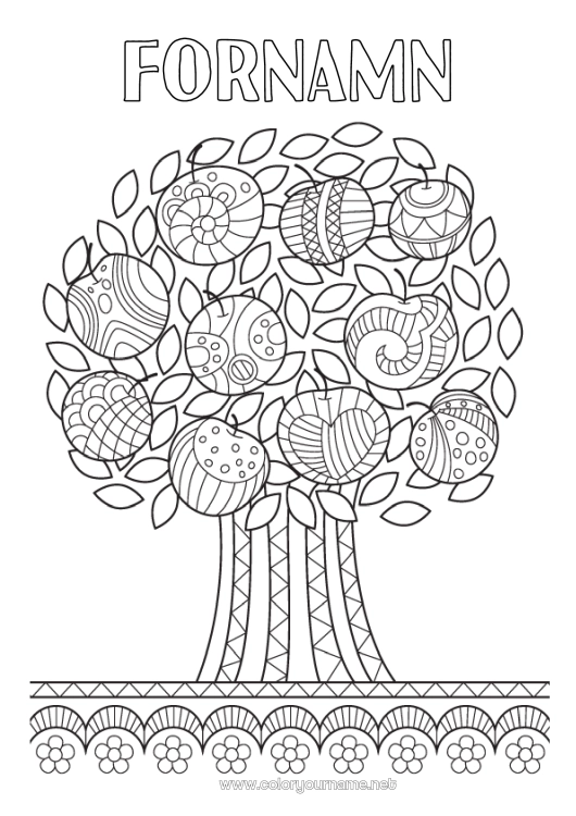Färgläggningssida att skriva ut Träd Frukter Zentangle Äpple äppleträd