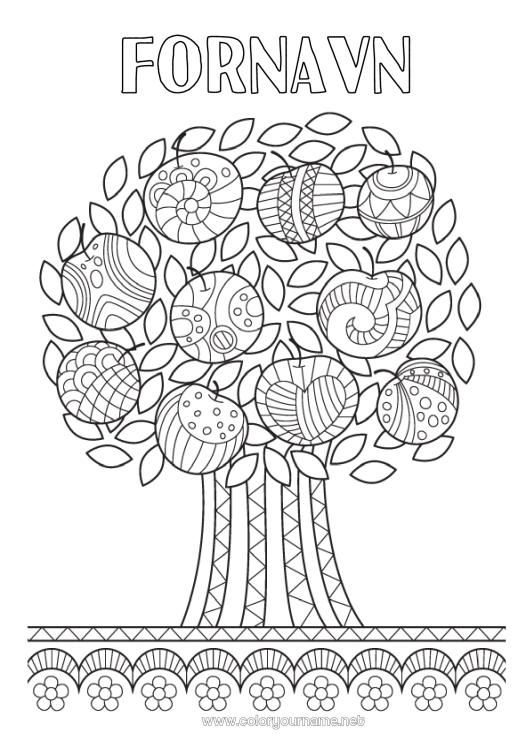 Farvelægningssiden til udskrivning Træ Frugter Zentangle Æble æbletræ