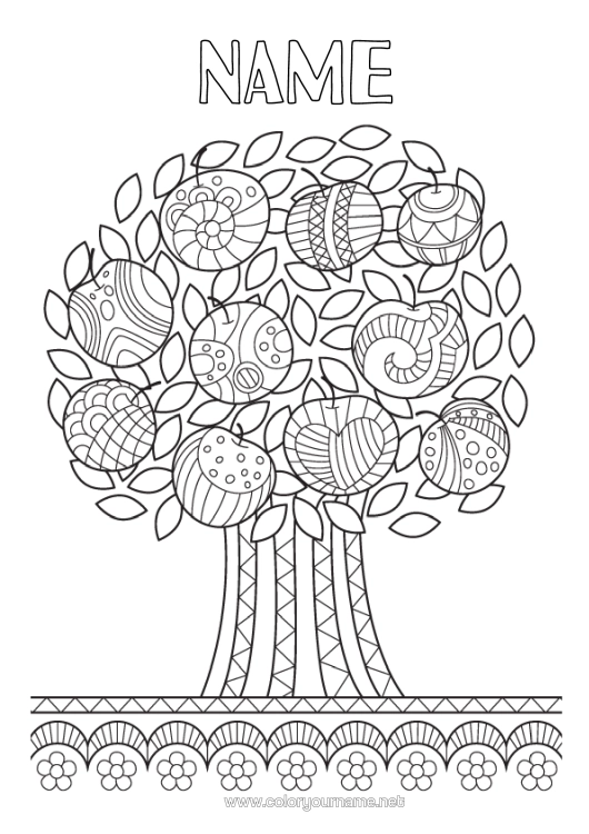 Colouring page to print Tree Fruit Zentangle Apple Apple Tree