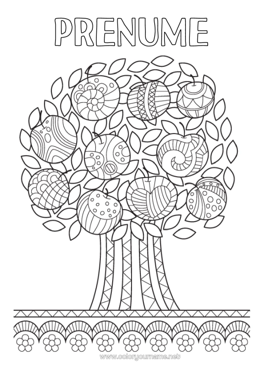 Pagină de colorat de imprimat Copac Fructe Zentangle Măr Măr