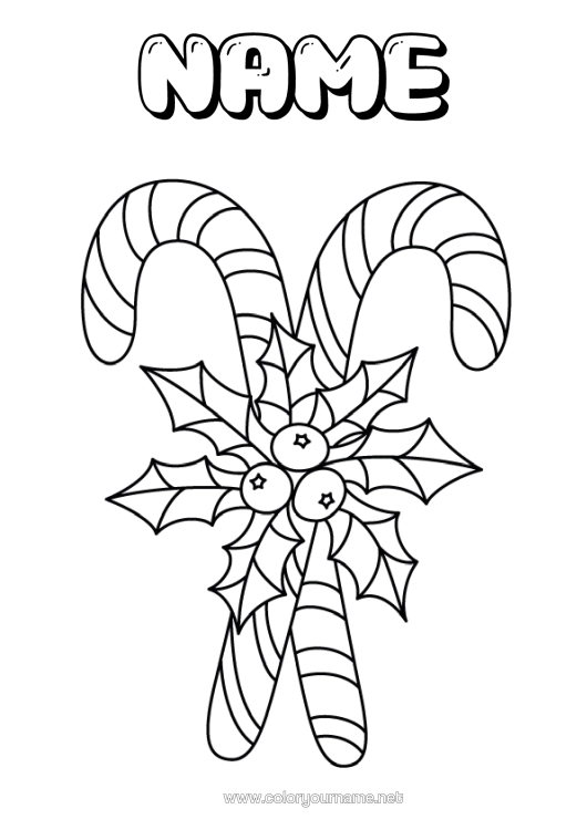 Colouring page to print Christmas Candy Cane Holly