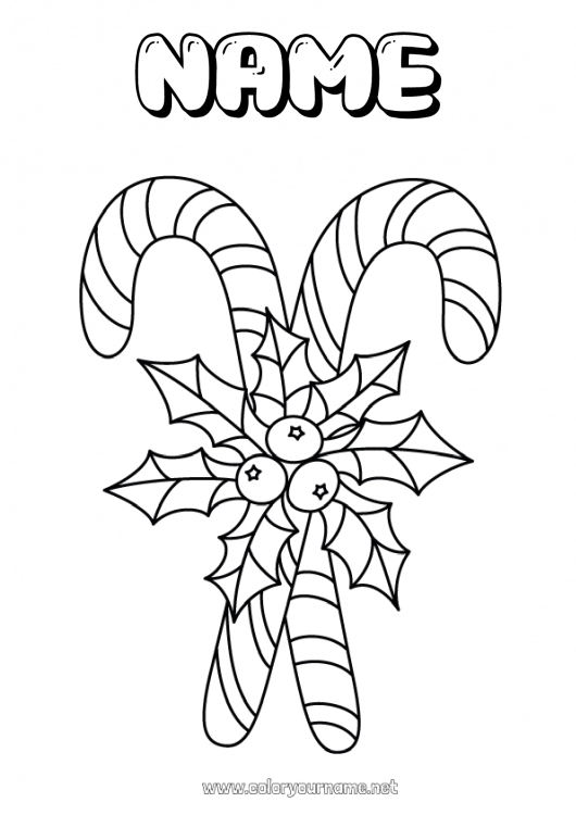 Coloring page to print Christmas Candy cane Holly