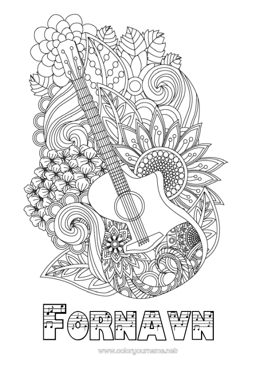 Farvelægningssiden til udskrivning Blomster Musik Zentangle Musikfest Guitar Musikinstrumenter