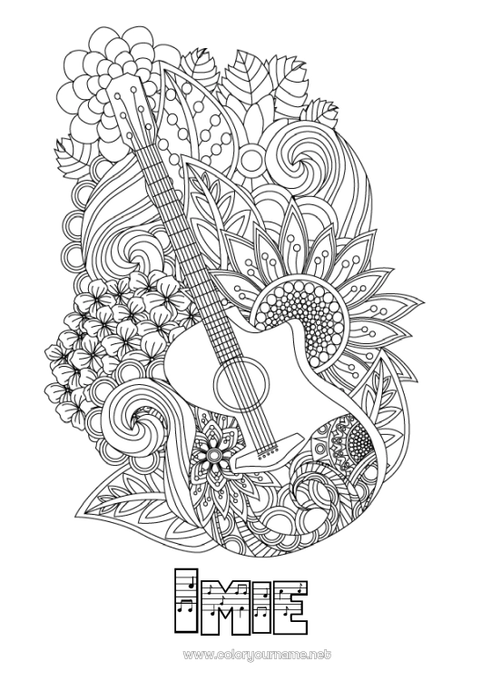 Kolorowanka do wydruku Kwiaty Muzyka Zentangle Święto Muzyki Gitara Instrumenty muzyczne