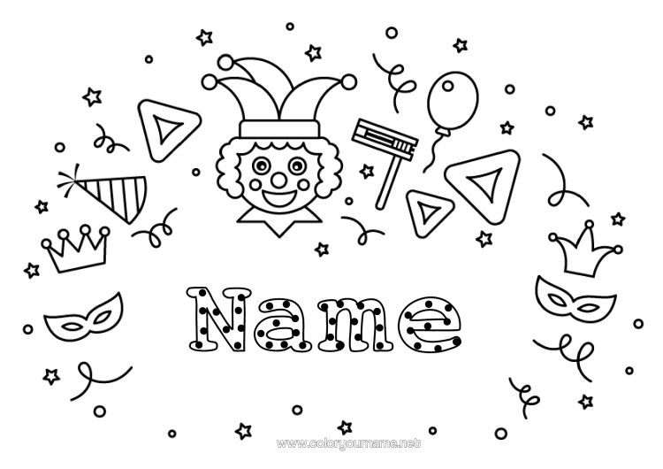 Colouring page to print Mask Party Clown Crown Carnival Mardi Gras Harlequin