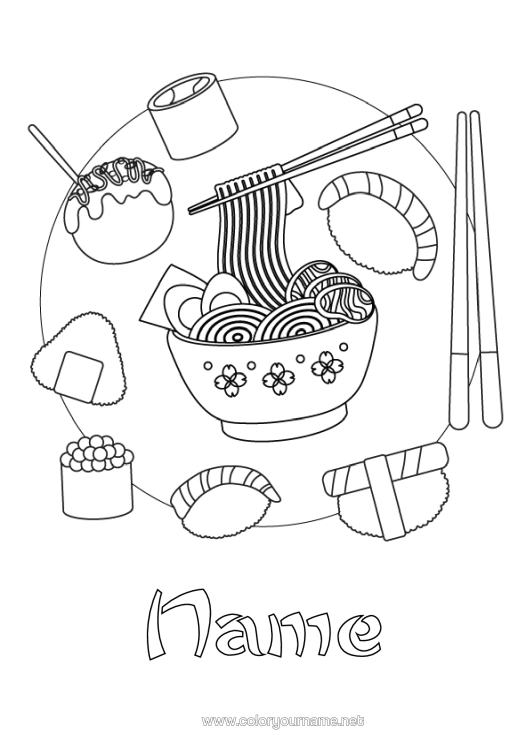 Colouring page to print Food Japan Sushi Ramen