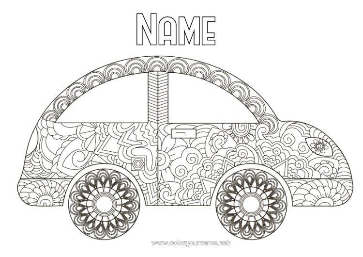 Colouring page to print Vehicles Car Zentangle Cars, Vans And Motorhomes