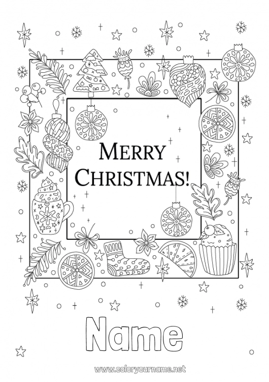 Coloring page to print Christmas Christmas decorations Sign “Merry Christmas” message