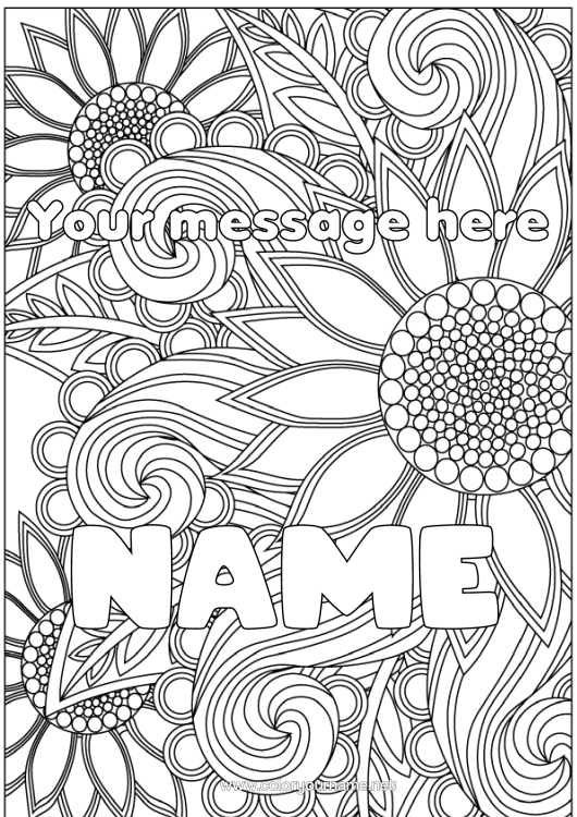 Colouring page to print Flowers Decorated Name Sunflower Complex Colouring Pages Zentangle Decorative Background