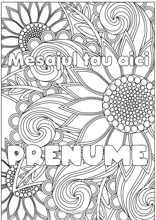 Pagină de colorat de imprimat Flori Nume decorat Floarea-soarelui Desene de colorat complexe Zentangle Fundal decorativ