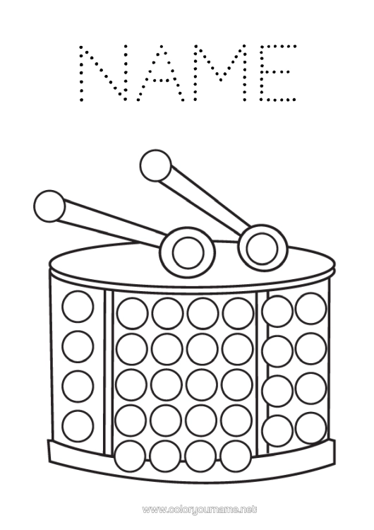 Colouring page to print Carnival Music Spot Markers Music Day Musical Instruments Drum