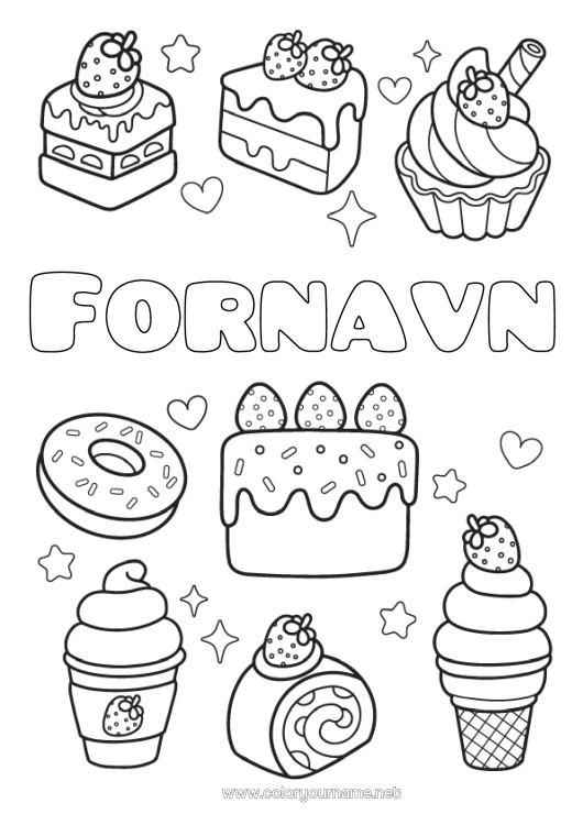 Farvelægningssiden til udskrivning Kage Kawaii Donuts Slik, søde sager Is. Muffin