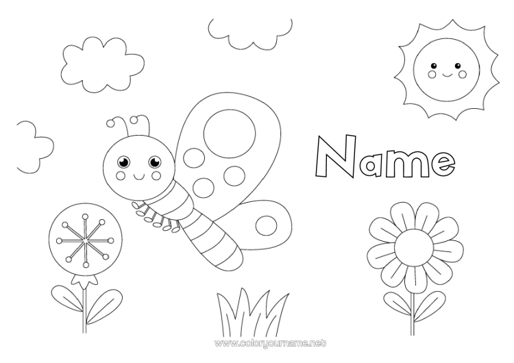 Colouring page to print Flowers Spring Sun Butterfly Animal Easy Colouring Pages Insects