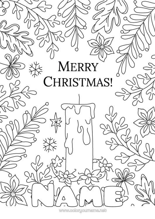 Colouring page to print Candle Christmas "Merry Christmas" Message