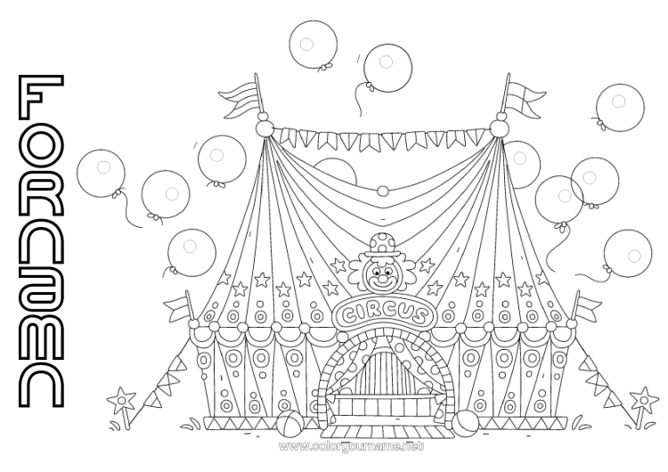 Färgläggningssida att skriva ut Ballonger Clown Cirkus Tält