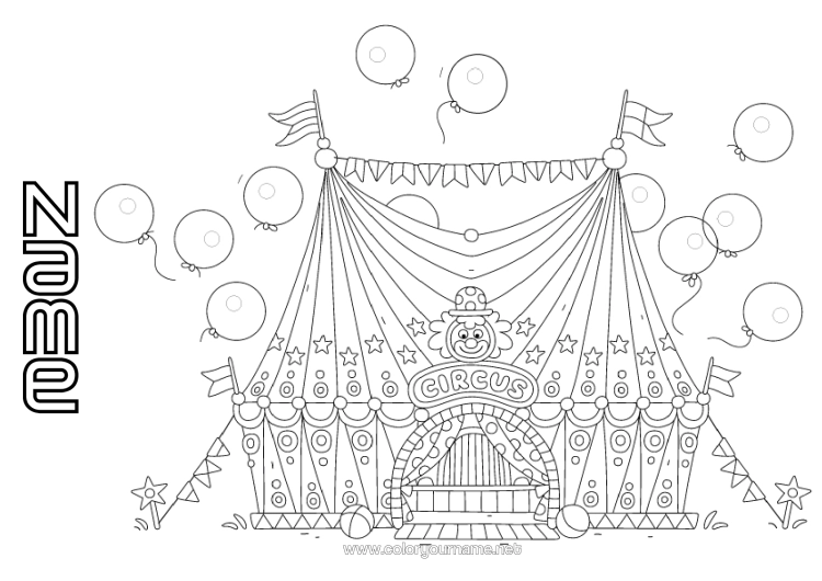 Colouring page to print Balloons Clown Circus Marquee