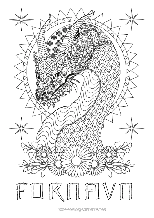 Fargeleggingssiden til utskrift Blomster Drage Dyr Komplekse fargelegginger Zentangle Drager, enhornede hester og fantastiske dyr