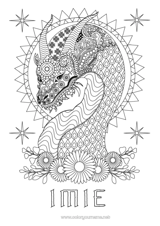 Kolorowanka do wydruku Kwiaty Smok Zwierzę Złożone kolorowanki Zentangle Smoki, jednorożce i fantastyczne zwierzęta