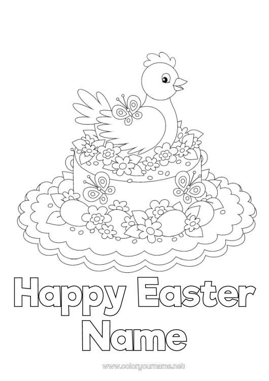 Colouring page to print Hen Butterfly Easter Eggs Insects Farm Animals Easter Bonnet