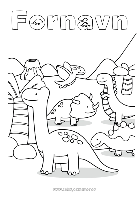 Fargeleggingssiden til utskrift Dinosaurer Vulkan Dyr Tyrannosaurus Triceratops