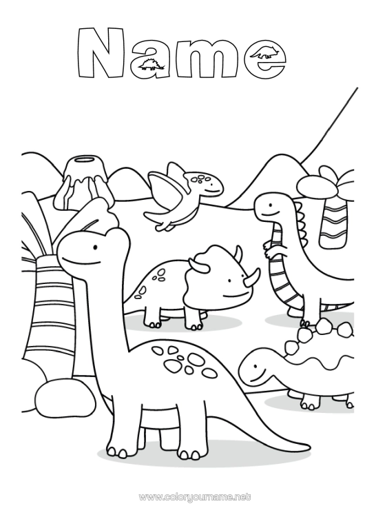 Colouring page to print Dinosaurs Volcano Animal Tyrannosaurus Triceratops