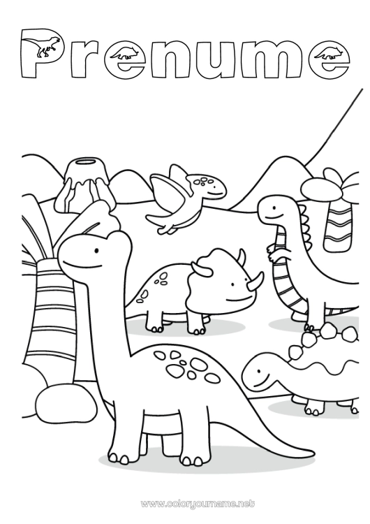 Pagină de colorat de imprimat Dinozauri Vulcan Animal Tyrannosaur. Triceratops