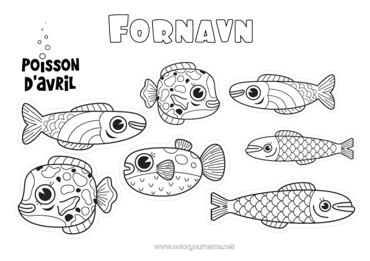 Fargeleggingssiden til utskrift Barnaktiviteter Dyr Fisk Aprilspøk Marin eller akvatisk dyr