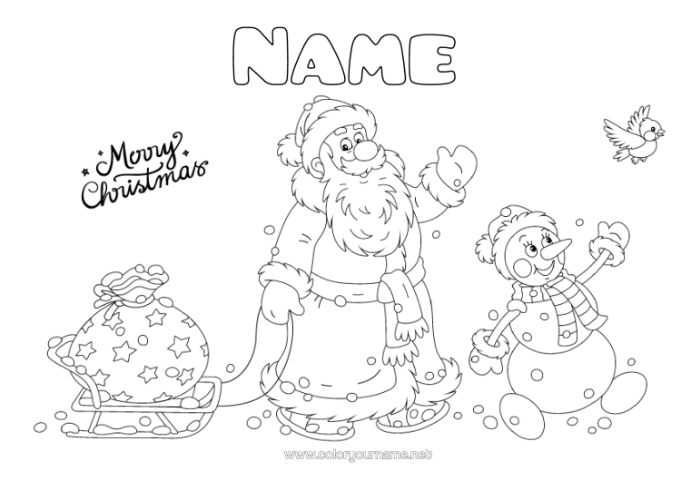 Colouring page to print Father Christmas Snowman Christmas Hood Sledge "Merry Christmas" Message