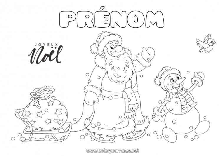 Coloriage à imprimer Père Noël Bonhomme de neige Noël Hotte Luge 