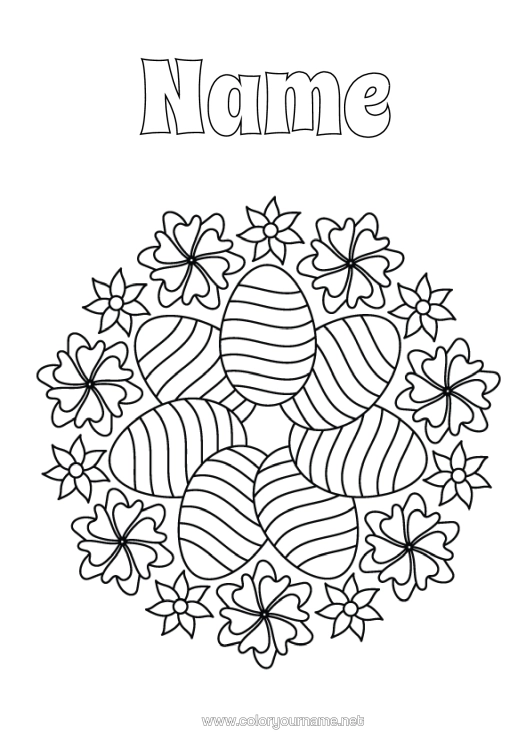 Colouring page to print Flowers Mandala Easter Eggs Easter