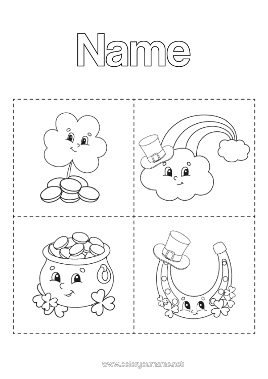 Colouring page to print Magic Cauldron Children's Activities Clover Ireland Horseshoe St Patrick's Day Rainbow Symbols Rooms Educational Flashcards