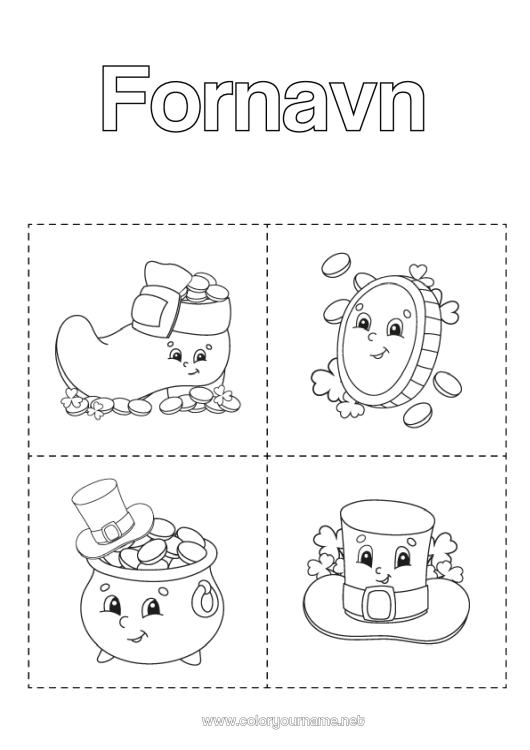 Farvelægningssiden til udskrivning Magisk gryde Chance Sankt Patricks Dag Hat Symboler Nem farvelægning Sko Dele Uddannelsesflashcards