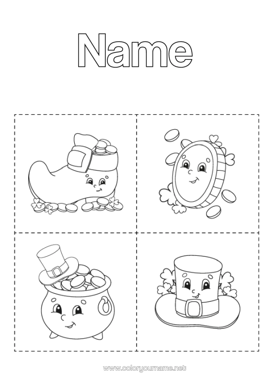 Colouring page to print Magic Cauldron Fortune St Patrick's Day Hat Symbols Easy Colouring Pages Shoe Rooms Educational Flashcards