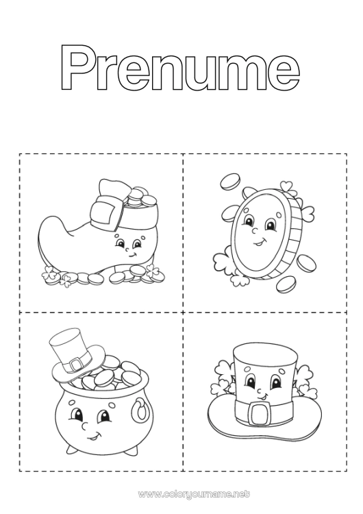 Pagină de colorat de imprimat Cazan magic Șansă Sărbătoarea Sfântului Patrick Pălărie Simboluri Desene de colorat ușoare Încălțăminte Piese Carduri educaționale