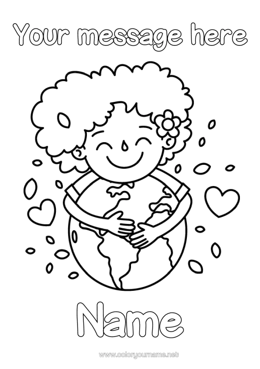 Colouring page to print Heart Girl Ecology Earth Earth Day