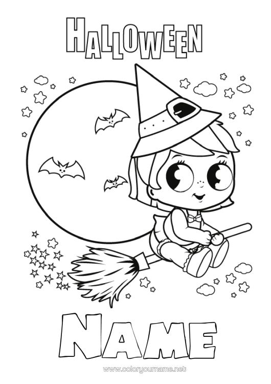 Colouring page to print Broom Witch Cute Halloween Halloween Sign-Up