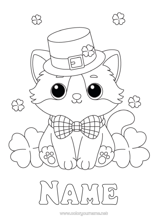 Colouring page to print Cat Cute Animal Clover St Patrick's Day Hat Dogs And Cats